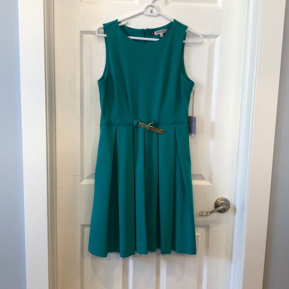 JLo Teal skater dress with gold belted detail